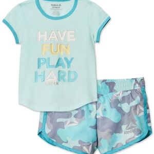 Reebok Girls Aqua Graphic Tee and Camo Shorts Set